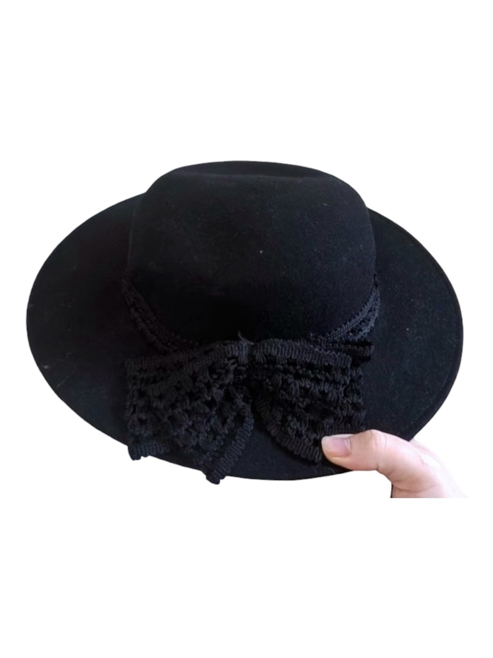 Bollman 100% Wool Felt Black Wide Brim Hat Lace Bow Fedora Brimmed Vintage Vtg